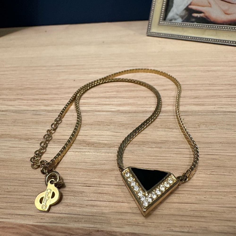 Christian Dior Vintage Black Enamel & Rhinestone V Necklace (Gold Plated) - Picture 6 of 7